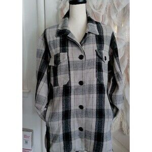 New Lucky Brand Pea Coat Jacket Womens Size M Relaxed Fit Gray Plaid Black Gray